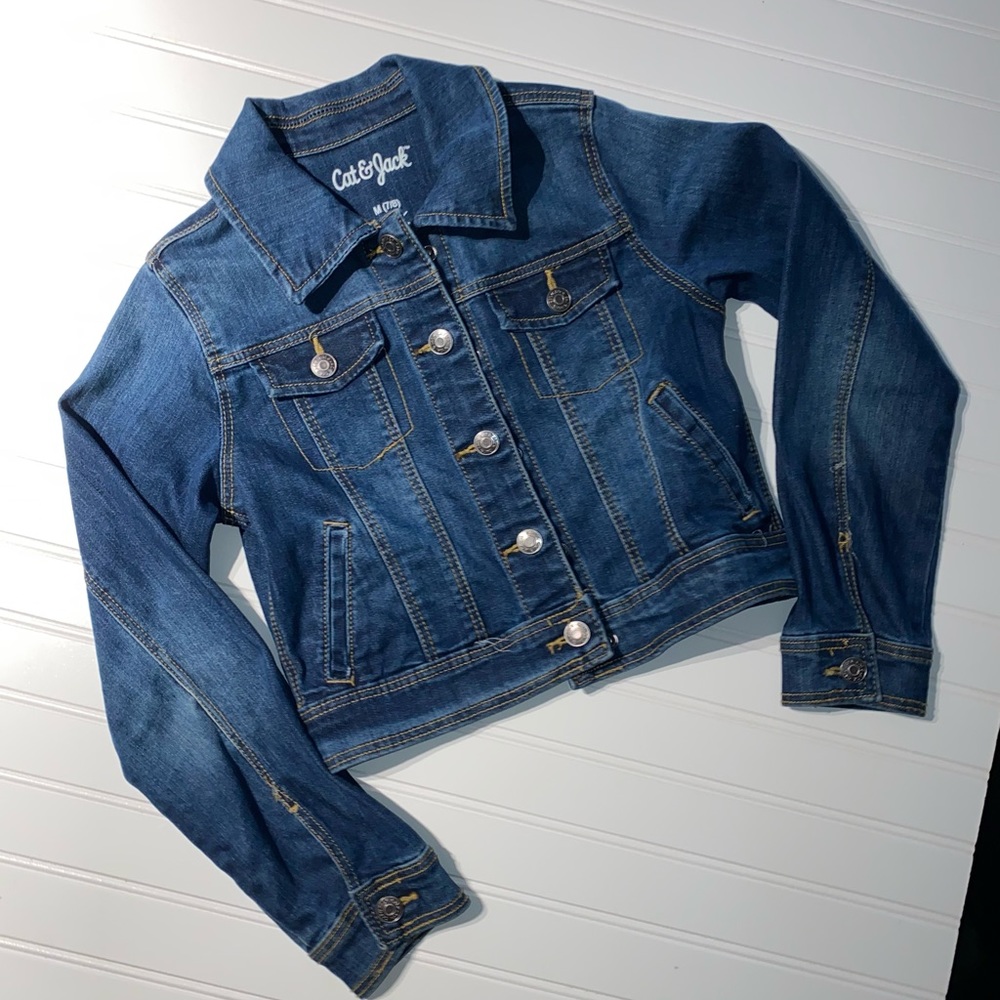 Denim Jacket Snap Buttons Blue Faded Girls Size M 7/8 Jean Coat Cat & Jack